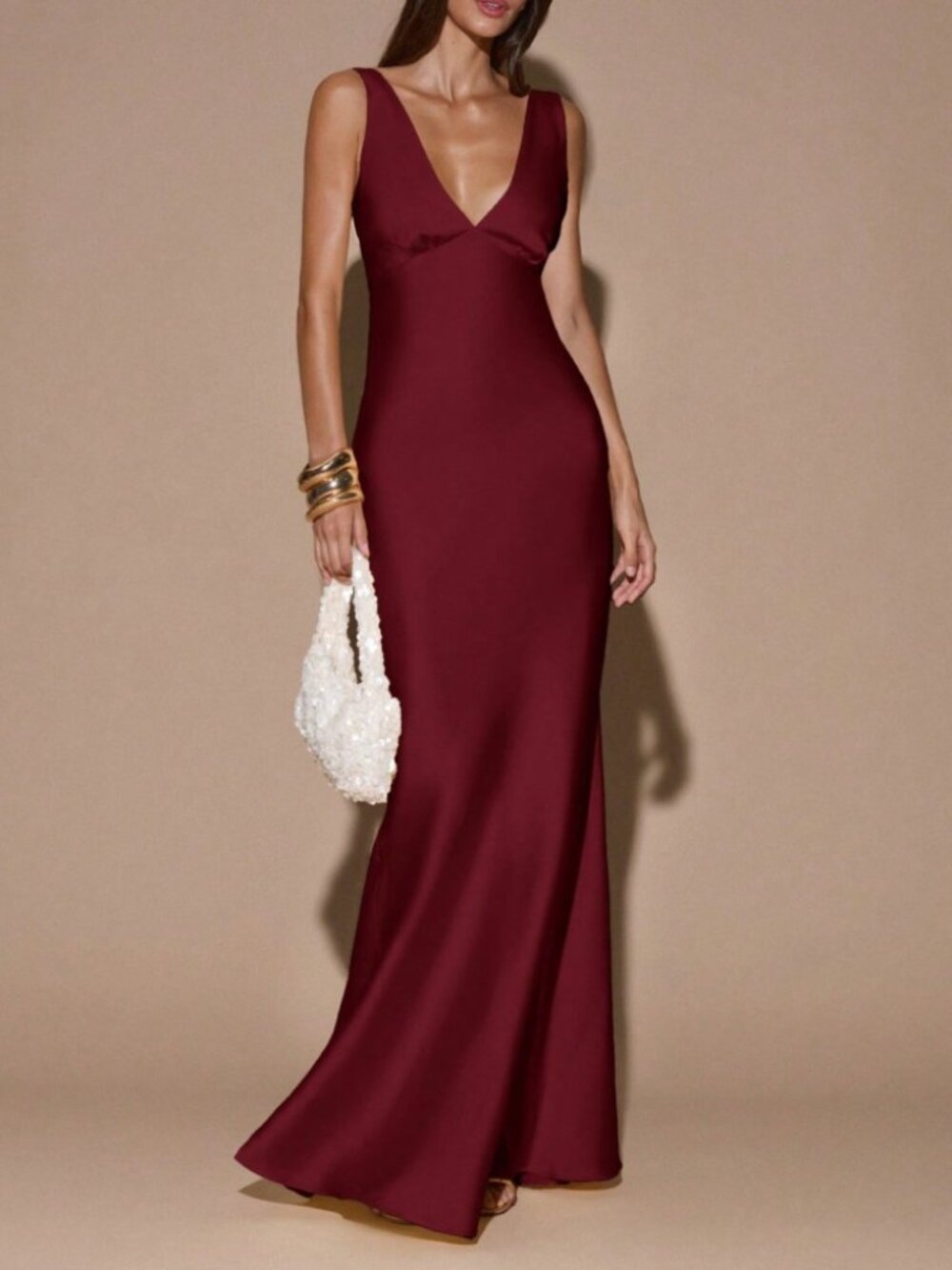 Burgundy Deep V-Neck Satin Maxi Dress